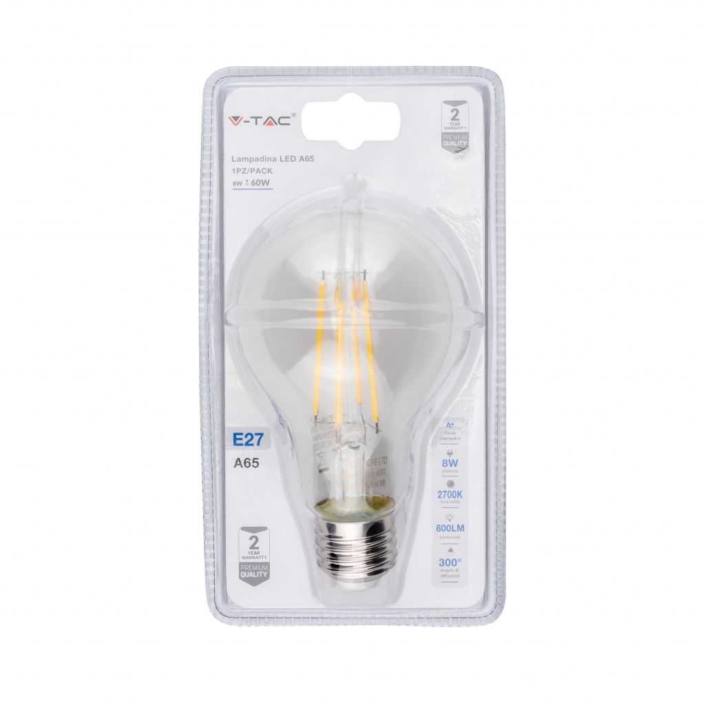 Lampadina LED E27 8W A65 Filamento 2700K (Blister 1 Pezzo)