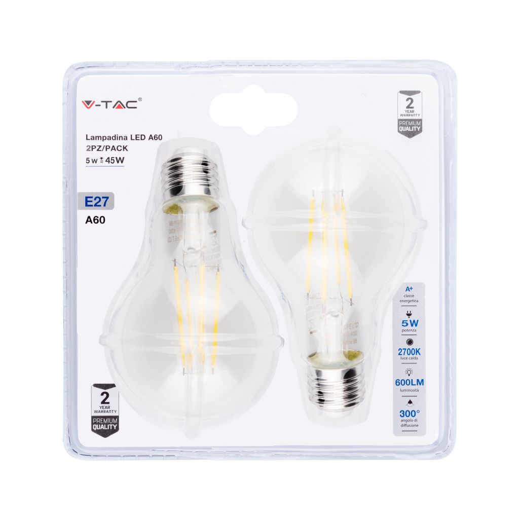 Lampadina LED E27 5W A60 Filamento 2700K (Blister 2 Pezzi)