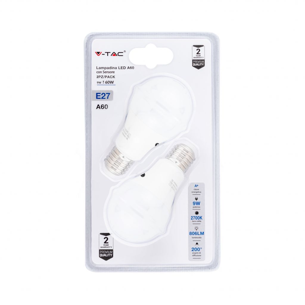 Lampadina LED E27 9W A60 con Sensore Crepuscolare 2700K (Blister 2 Pezzi)